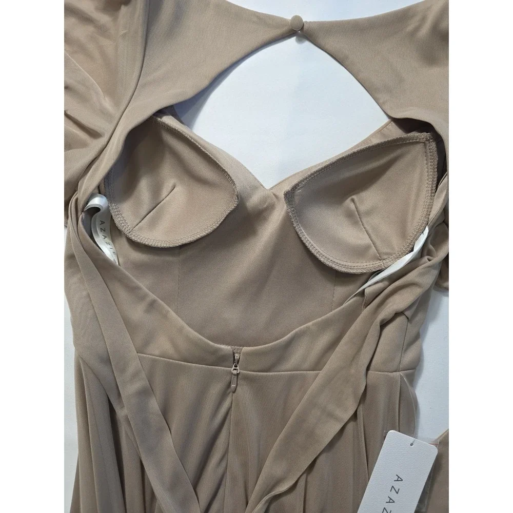 Azazie Indie Taupe Maxi Dress A6 Bridesmaid Formal Flutter Sleeve - Picture 11 of 14